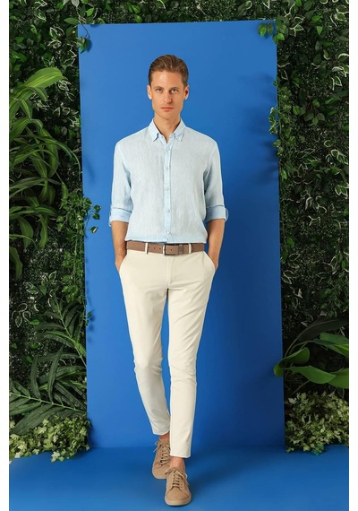 Efor Comfort Fit Düğmeli Yaka %100 Keten Apoletli Casual Mavi Gömlek G 1564 Mavi