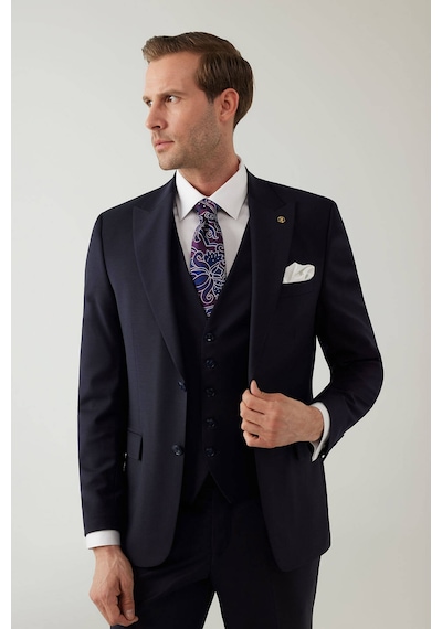 Erkek Lacivert Sivri Yaka Slim Fit Yelekli Takım Elbise