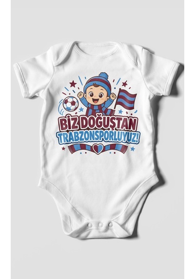 Morivokids Biz Doğuştan Trabzonsporluyum Kısa Kollu Bebek Body %100 Pamuk Beyaz