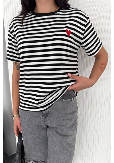 Noa & Noa Kadın Kalp Detaylı Çizgili T-shirt Heartline Beyaz