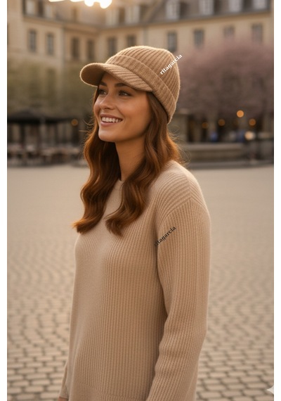 Ritagarcia Premium Soft Örgü Şapka / Bere - Siperli Kışlık Cap Şapka Camel Bej