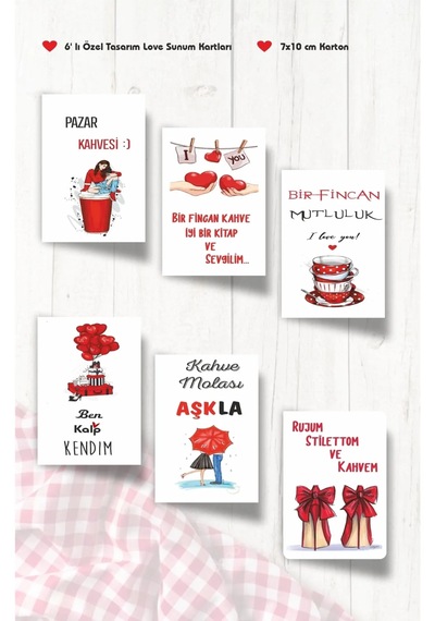 Love Temalı Kahve Sunum Kartları 6 Lı Motto Kart Tebrik Kartı