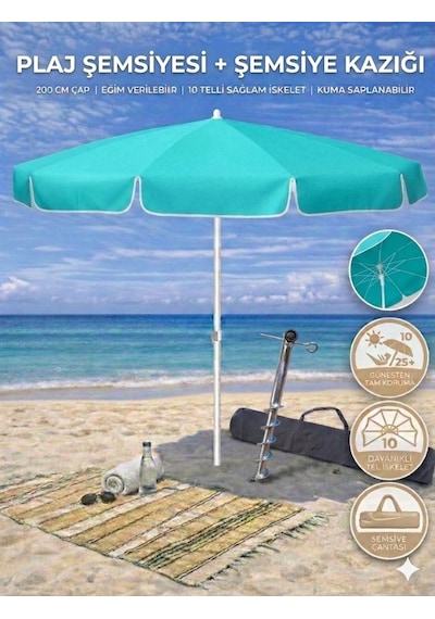 Form Outdoor Plaj Şemsiyesi + Şemsiye Kazığı + Taşıma Çantası Hediyeli Turkuaz