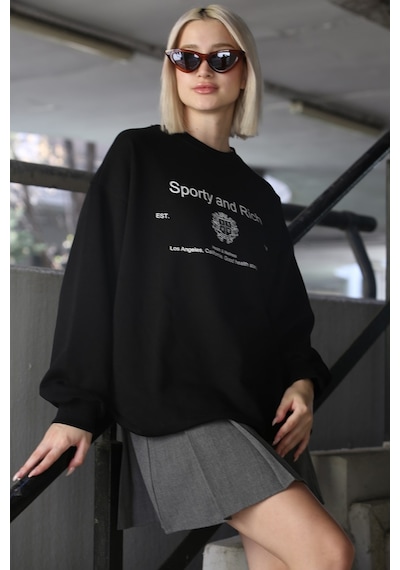 Siyah Bisiklet Yaka Baskılı Oversize Kadın Sweatshirt Mg1577