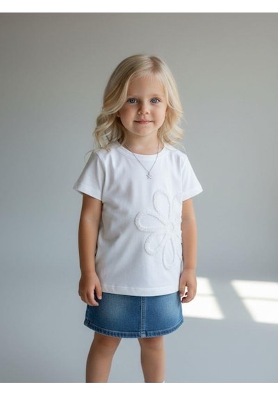 Zekids Kız Çocuk Çiçek Nakışlı Tasarım T-shirt-16889 Beyaz