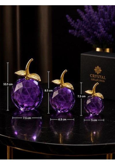 Kristal Cam Elma Biblo Seti 3 Lü Mor Renk Gold Yapraklı Dekoratif Masa Üstü Obje