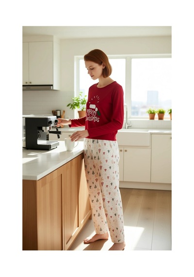 Ersefa Kadin Kirmizi Yılbaşı Desenli Pamuk Polyester Pijama Fonksiyonel Kırmızı
