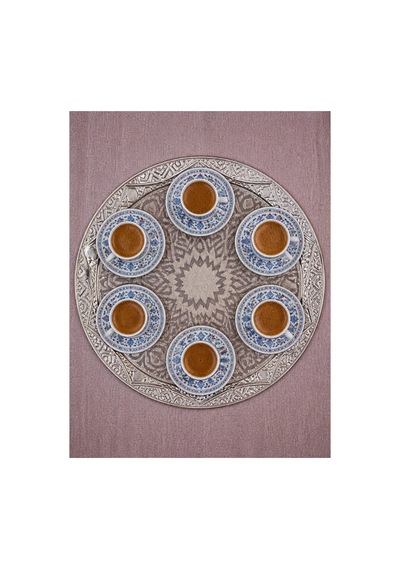 Gümüş Renk Selçuklu Motifi Zamak Metal Yuvarlak Lüks Servis-tepsisi 35 Cm