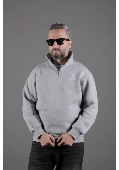 Dik Yakalı Parçalı Erkek Sweatshirt Gri