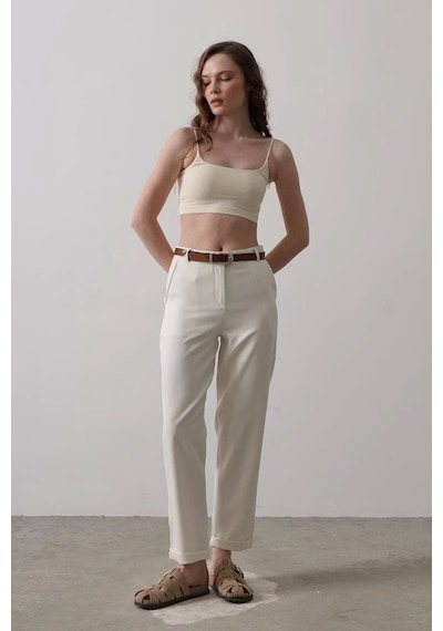 Defymoda Kemerli Havuç Pantolon - Ekru Ekru