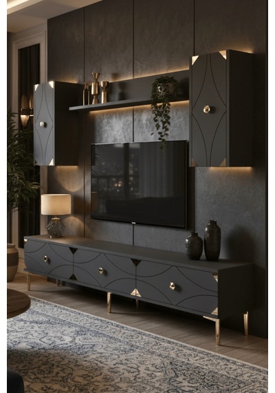Tvr1897ag - Alfa Tvr180 Tv Ünitesi Takım , Tv Sehpası Antrasit - Gold 180cm