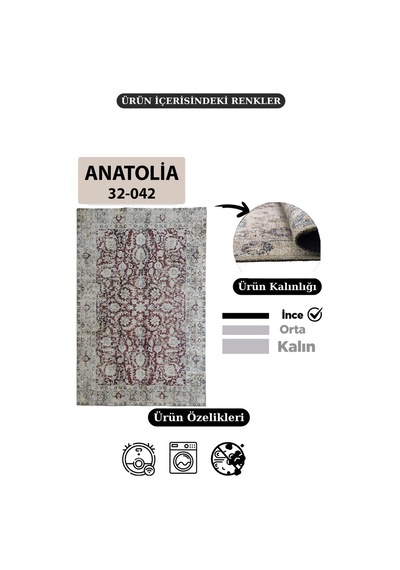 Çam Halı Anatolia 32-042 Etnik Eskitme Desenli Dokuma Tabanlı Yıkanabilir Şönil Salon Ve Oda Halısı Bordo