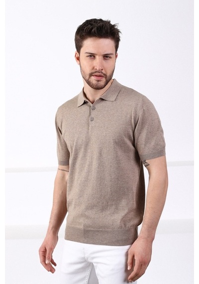 Ferraro Bej Polo Yaka Düz Renk Erkek Pamuk Triko T-Shirt-Bej