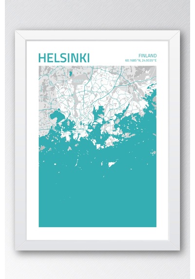 Helsinki Finlandiya Finland Haritası Çerçeveli Tablo Lüks Salon Ofis Duvar Dekorasyonu Tablo Beyaz