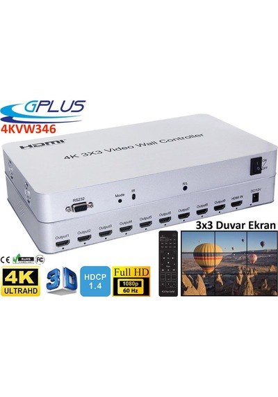 Gplus 4KVW346 3x3 Video Wall Controller 4K Ultra HD HDMI Duvar Ekran Denetleyici