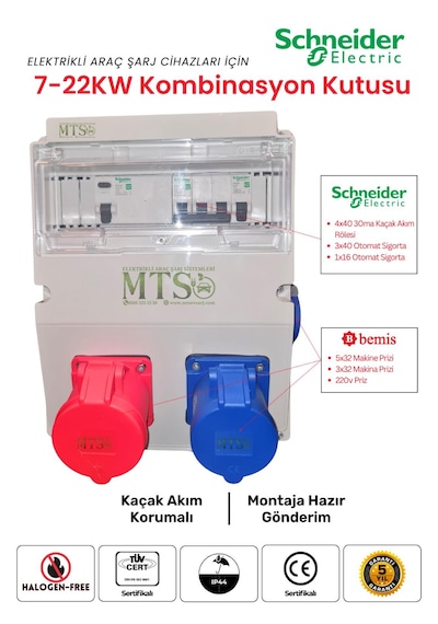 22kw + 7.4kw Schneider Kombinasyon Kutusu 5x32a + 3x32a + 220v Kaçak Akım Röleli Tesla Togg Uyumlu 22kw - 7.4kw