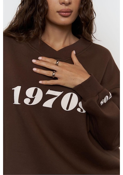 Kadın Katlamalı V Yaka 1970's Baskılı Oversize Sweatshirt Kahverengi