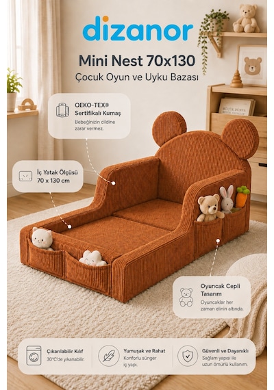 Dizanor Mini Nest 6'sı 1 Arada Bebek Oyun Parkı Ve Park Yatak Kiremit Fitilli 70 X 130