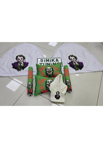 Joker Beyaz Servis Kılıfı Ön Ve Arka 4parça Takım Ve Otomobil Boyun Yastığı 2'li Ve Kemer Kılıfı 2'l