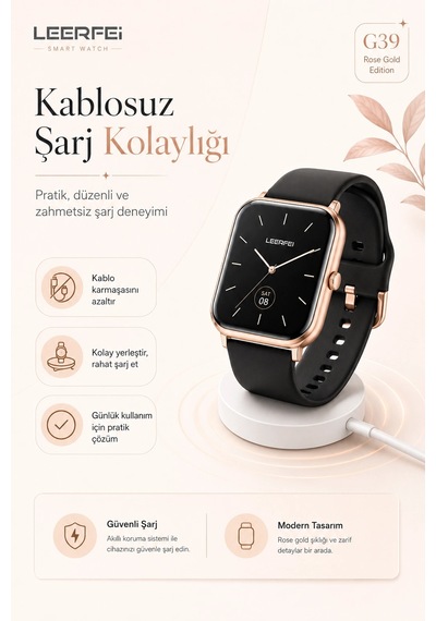 Dokunmatik Ekranlı Rose Gold Akıllı Saat Kablosuz Şarj Özellikli Günlük Kullanım