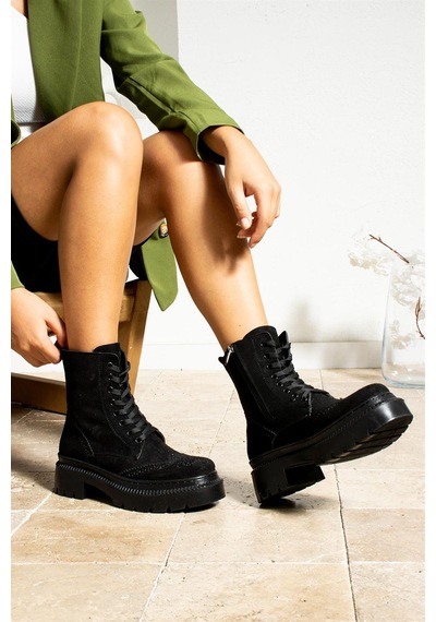 Shoetek Aracelia Kadın Bot&bootie Bağcıklı Postal Siyah Süet Siyah Suet Siyah
