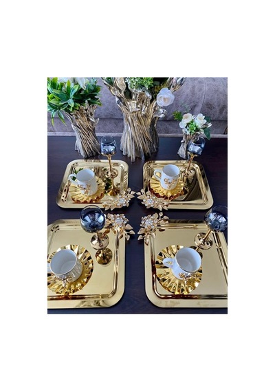 6 Kişilik Gold Taş Broşlu Tek Kişilik Kahve Çay Sunum Tepsisi Sarı