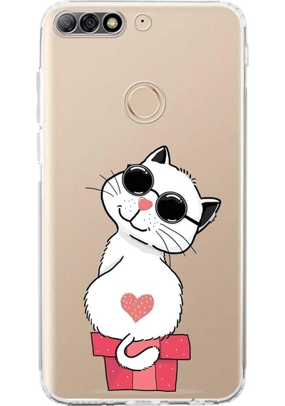 Huawei Y7 2018 Uyumlu Kamera Korumalı Kapak Coolcat Tasarımlı Şeffaf Kılıf Şeffaf
