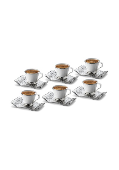 Türk Kahvesi Fincan Takımı Lüks 6 Kişilik Metal Gümüş Selçuklu Model Gümüş Beyaz