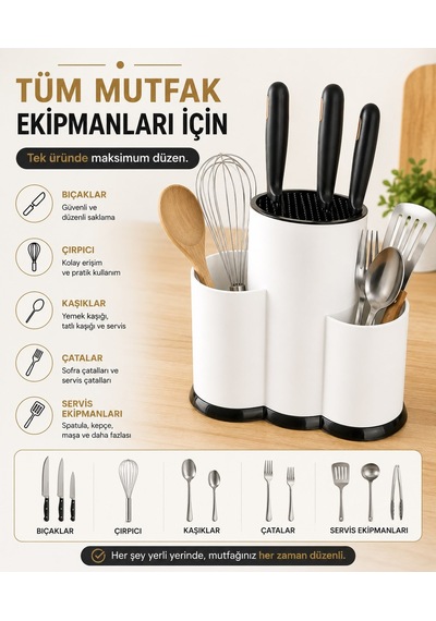 Sas Haus Tezgah Üstü Bölmeli Bıçaklık - Kaşık Kepçe Bıçak Standı Mutfak Düzenleyici Organizer Kaşıklık Beyaz S-10137