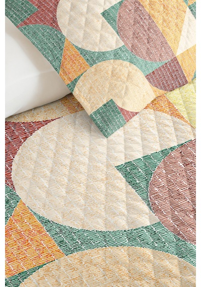Geometrik Yeşil Genç Odası Tek Kişilik Pike Takımı - Hardal Kahve 160x220 Cm Kapitone Yatak Örtüsü Mat Sepet Esintisi