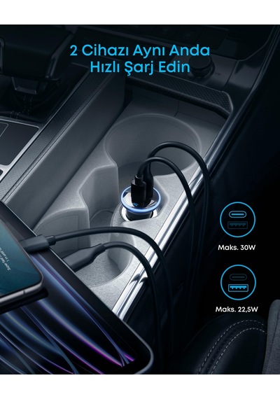 Anker 323 52.5w Çakmak Girişli Usb-c Araç Şarj Cihazı, Powerıq 3.