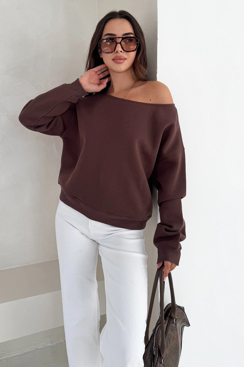 Noa & Noa Kadın Omuz Detaylı Polar Sweatshirt Rahat & Feminen Stil Kahverengi