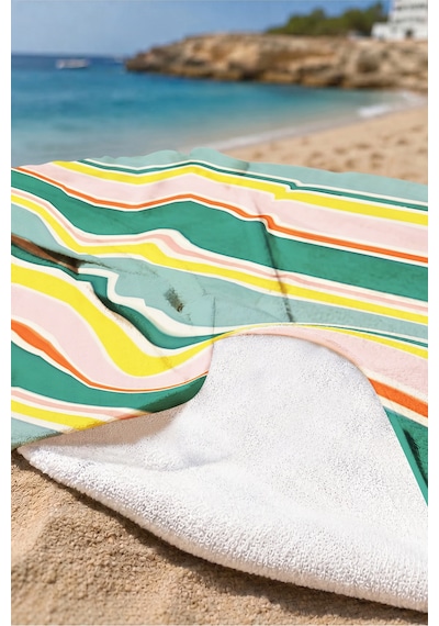 Çizgili Modern Marine Plaj Havlusu - Pastel Yeşil Pembe Sarı Resort Hızlı Kuruyan Mikrofiber Havlu Çok Renkli