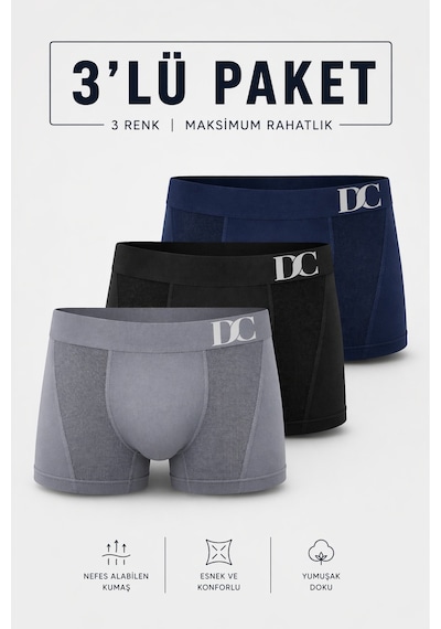 Elilom Erkek Boxer 3'lü Paket Daily Comfort Dikişsiz Nefes Alır Pamuklu Siyah/lacivert/gri Set Siyah-lacivert-gri