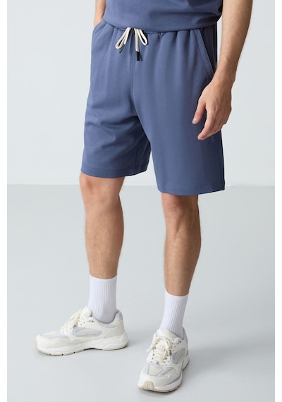 Petrol Pamuklu Kalın Yumuşak Dokulu Oversize Fit Basic Erkek Şort Takım - 85257