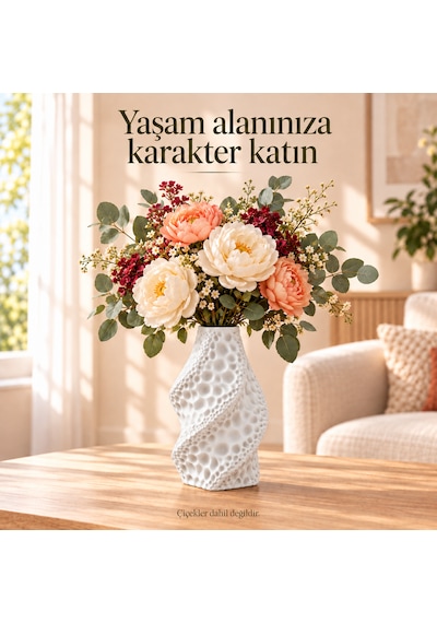 Dekoratif Vazo Burgu Formlu Taş Dokulu Modern Kuru Çiçeklik Beyaz
