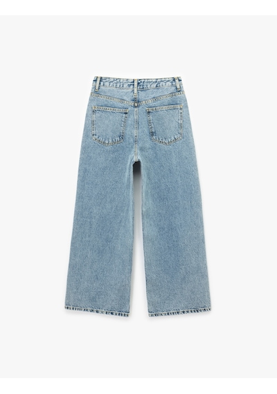 Koton Pamuklu Düğmeli Cepli Normal Bel Crop Geniş Paça Jean Pantolon - Wide Leg Jean Açık İndigo 5sal40020md Açık İndigo