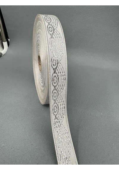 2 Cm Gümüş Yaldızlı Desenli Saten Şerit-5 Metre