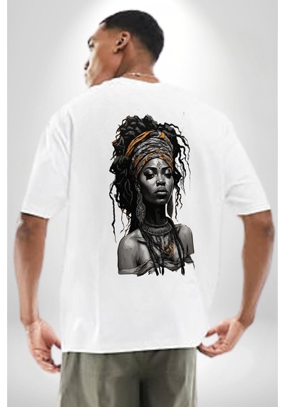 Afrikalı Kadın Sanat Siyahi Beyaz Oversize Unisex Ön Ve Sırt Baskılı Tişört Beyaz