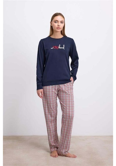 M Merc Giyim %100 Pamuklu Uzun Kol Sweatshirt Ve Ekose Pantolon Pijama Takımı Lacivert