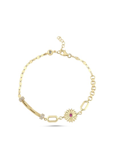 Kırmızı Taşlı Yıldız Motifli Altın Bileklik 17-20 Cm T14516 Çok Renkli