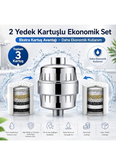 Bluefox Sılver Duş Filtresi + 2 Yedek Kartuş Kdf 55 & Aktif Karbonlu Su Arıtma Filtresi, Klor Ve Ağır Metal Azaltıcı, Saç & Cilt Dostu, Evrensel Uyumlu