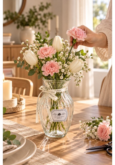Porsima 04287 Çizgili Lale Cam Vazo 1400 Ml Kurdele Detaylı Şeffaf Vazosu 20 Cm