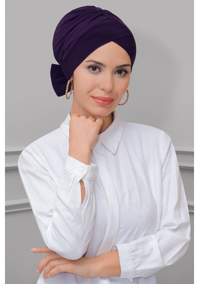 Hürrem Bone Mürdüm Pratik Hazır Geçmeli Tesettür Bone Sandy Kumaş Fiyonklu Çi Mürdüm