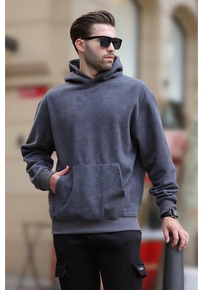 Madmext Füme Kapüşonlu Cep Detaylı Polar Erkek Sweatshirt 7093 Füme