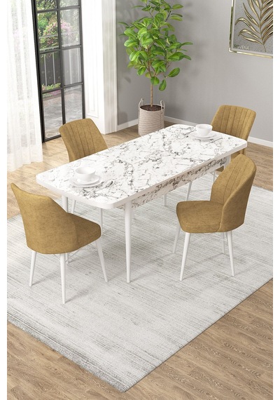 Arel Beyaz Mermer 80x132 Açılabilir Mdf Masa Yemek Odası Takımı, Mutfak Takımı 4 Adet Sandalye Beyaz Mermer - 4 Cappuccino - Beyaz Ayak