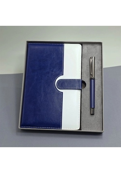 Hubrendy Emin Mavi Beyaz Deri Kapaklı Defter Ve Metal Kalem Set
