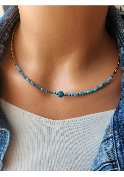 Doğaltaş Apatit Ve Hematit Taşı Minimal Kolye 3 Mm Mavi
