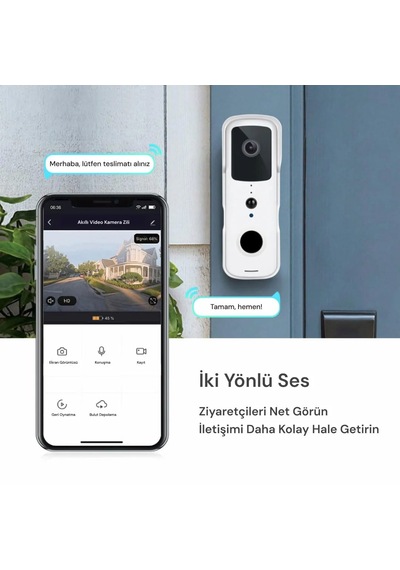 Yeco Bd-10 Akıllı Görüntülü Kapı Zili Hareket Sensörlü, Ip66, Wifi, Çift Yönlü Ses Siyah
