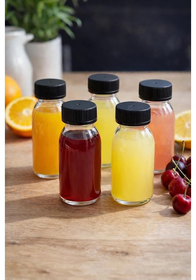 5 Adet 60 Ml Kilitli Siyah Kapaklı Şeffaf Detox Shot Şişesi 60 Cc Ginger Şat Beyaz Cam Şişe Diğer